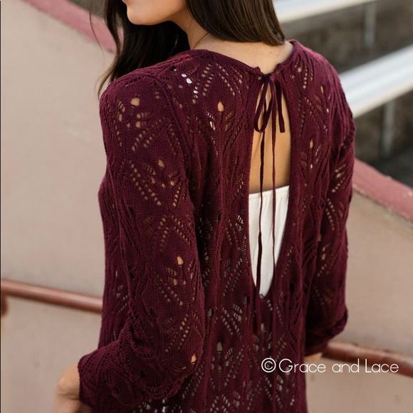 SOLD Pointelle tie-back sweater - Picture 2 of 3